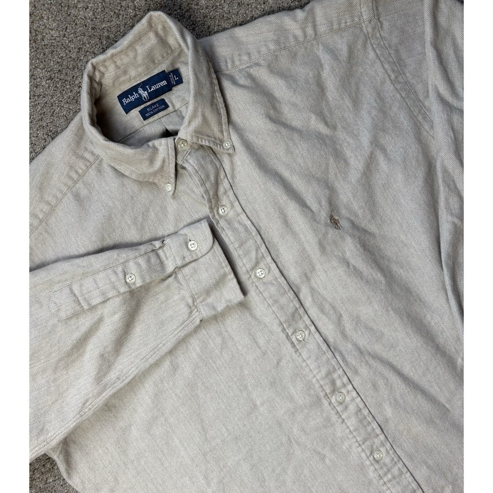 Polo Ralph Lauren Mens Large Blake Button Down Shirt Long Sleeve Herringbone Tan